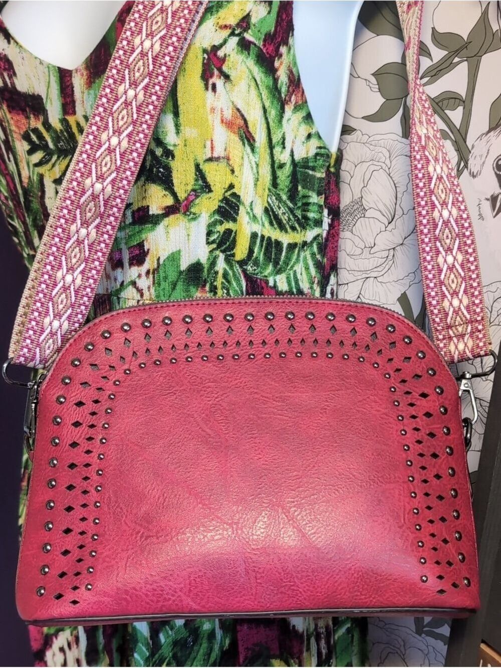 Berry-Red Stud-Accent Crossbody Bag with Patterned Strap